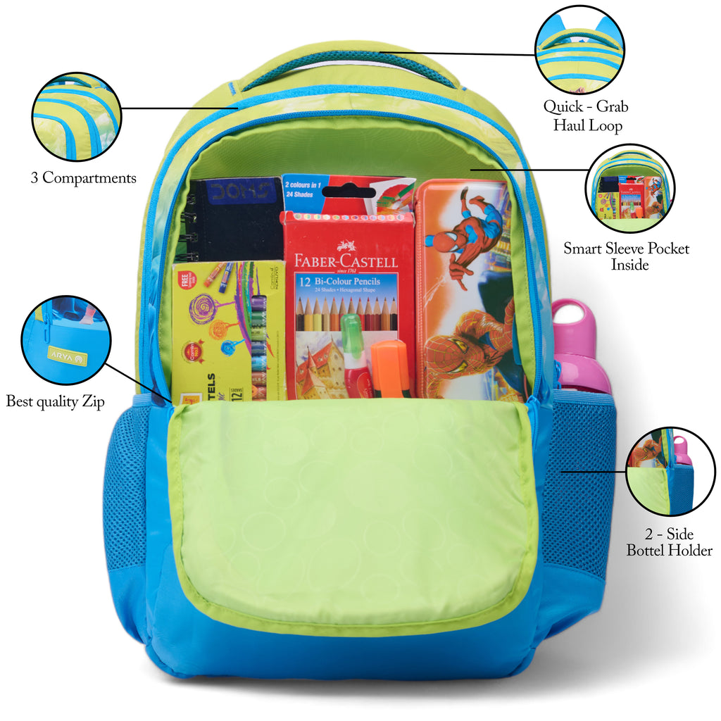 SCHOOL BAG SUPER KID-17"(22 LTR) TURQUOISE BLUE & PARROT GREEN