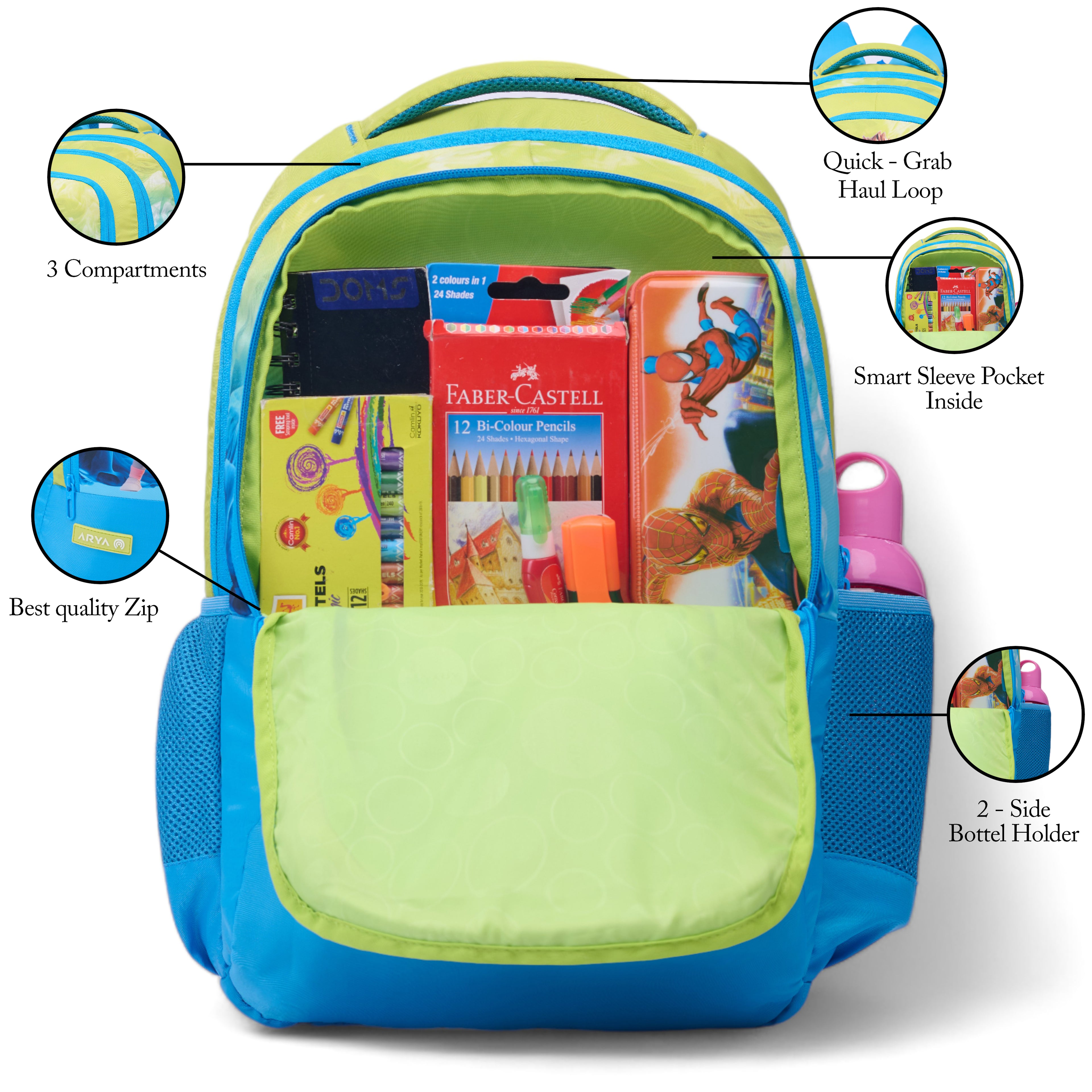 SCHOOL BAG SUPER KID-17"(22 LTR) TURQUOISE BLUE & PARROT GREEN