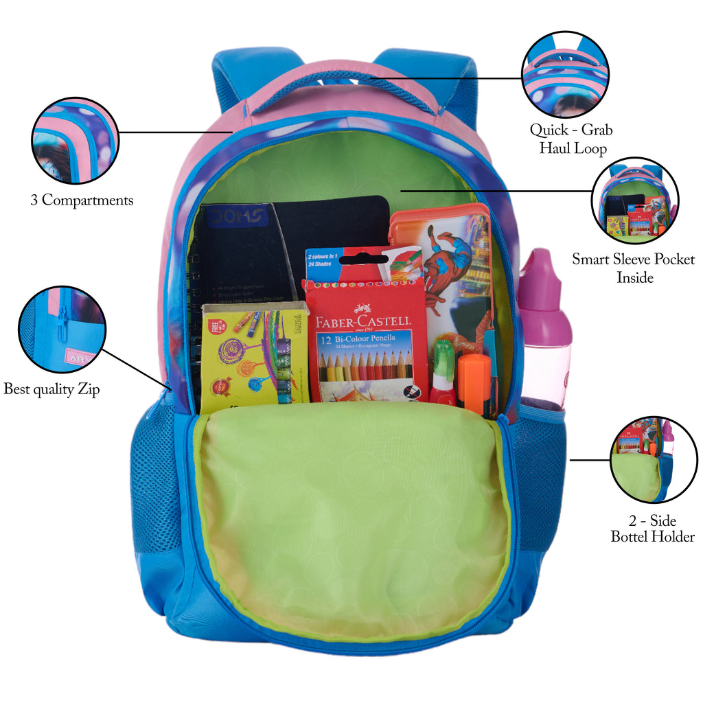 SCHOOL BAG SUPER GIRL-17"(22 LTR) TURQUOISE BLUE & PINK