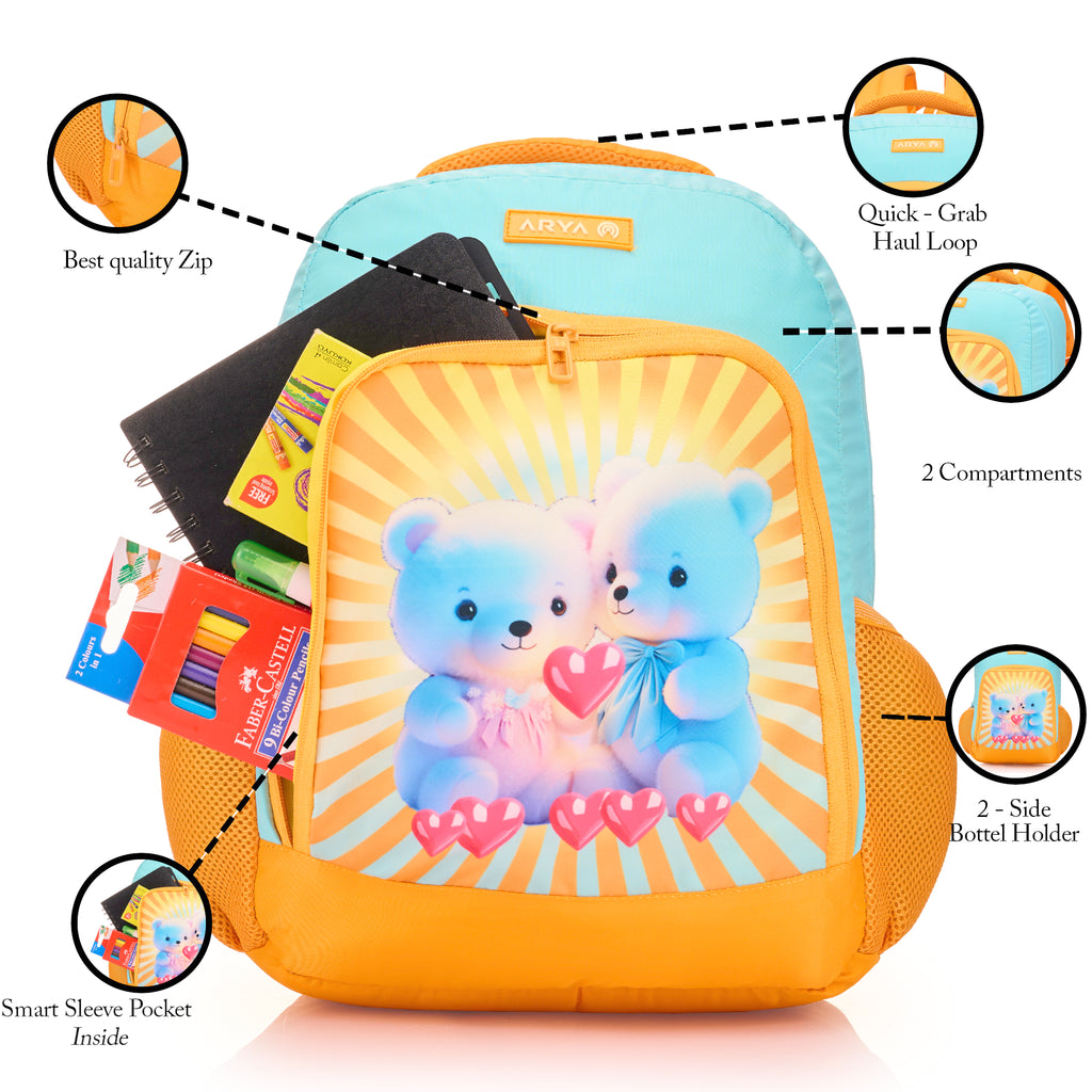 SCHOOL BAG TEDDY LOVE-14"(12 LTR) ORANGE & SKY BLUE