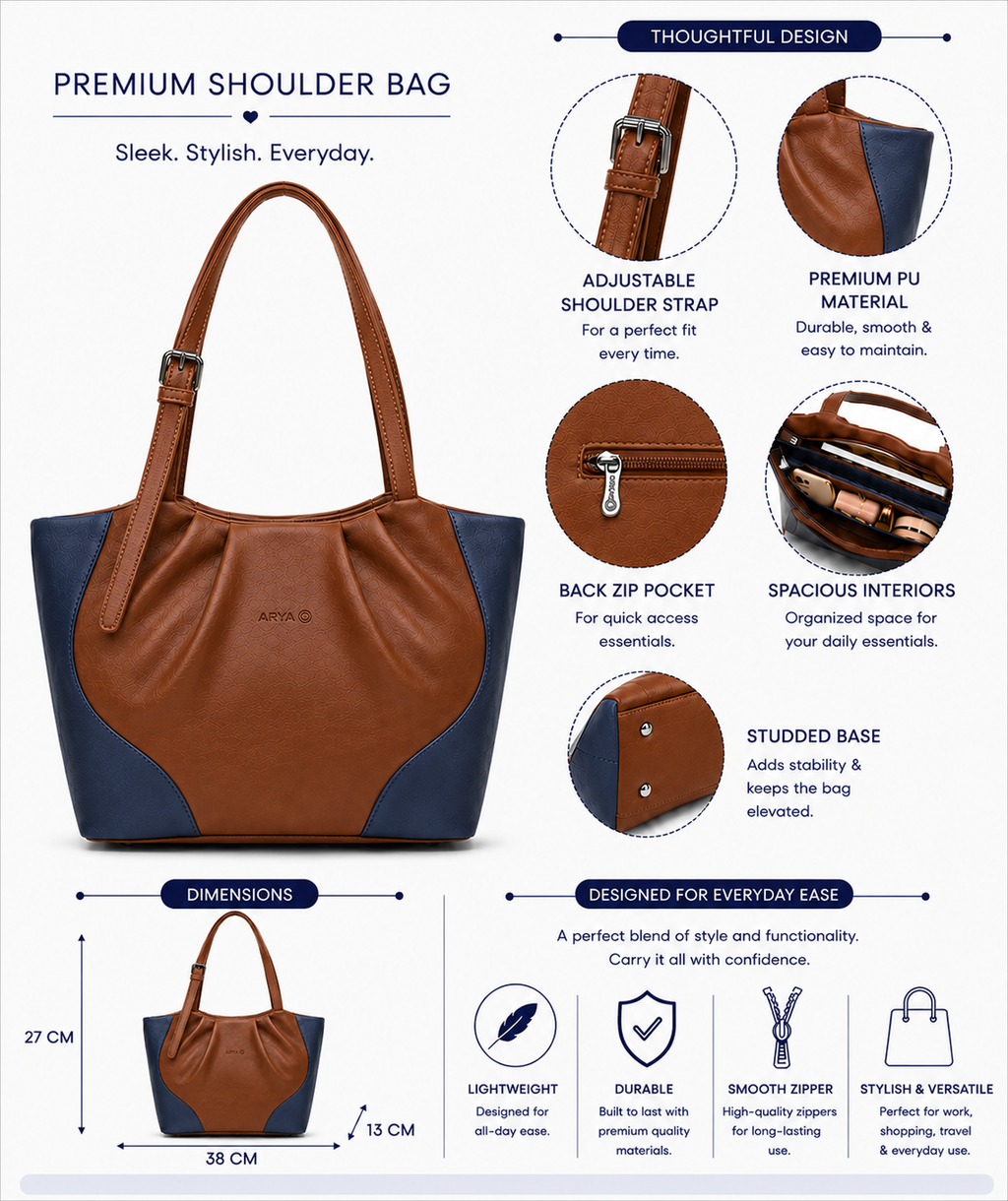 Juhi Brown/Blue ladies handbag - features
