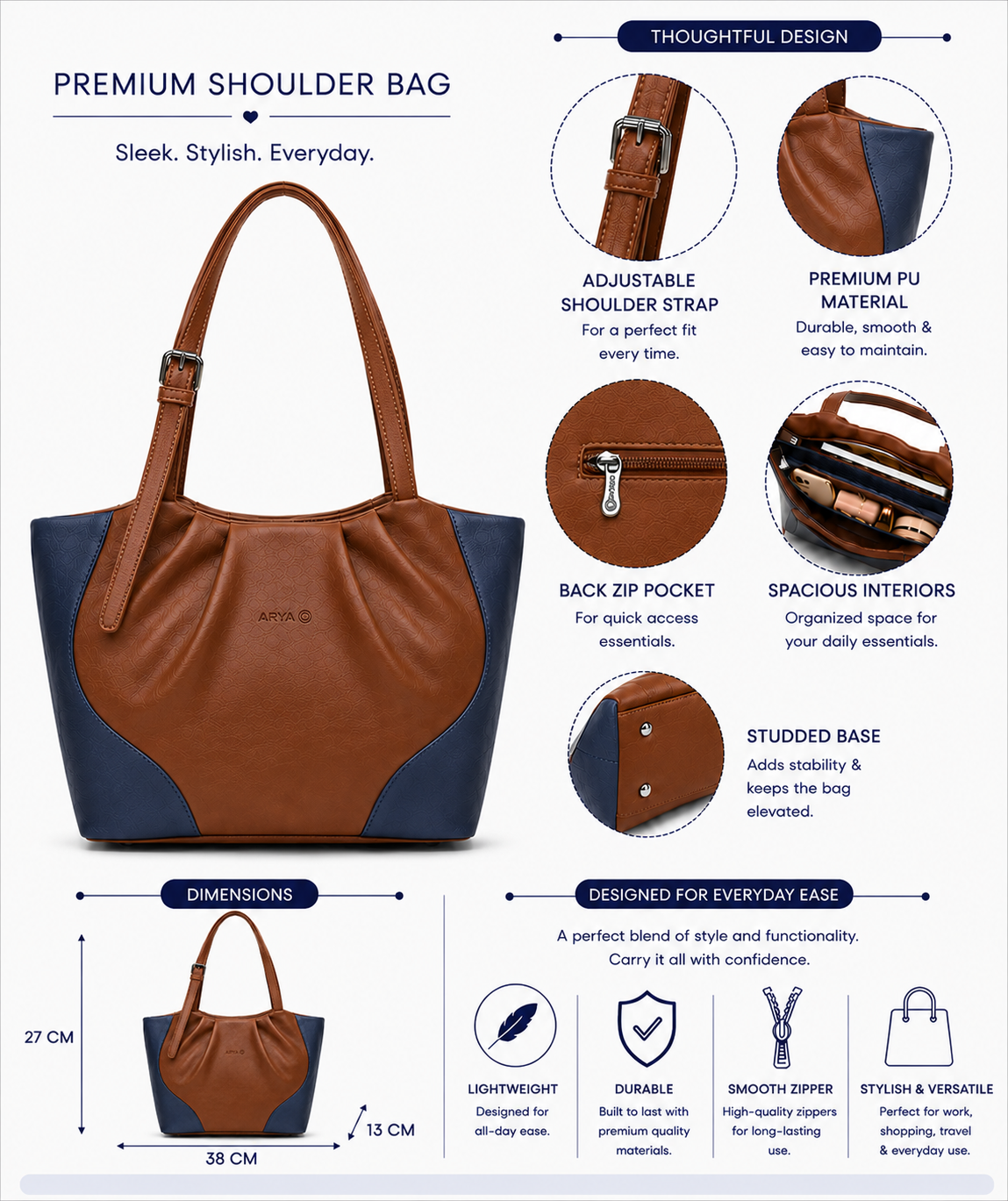 Juhi Brown/Blue ladies handbag - features