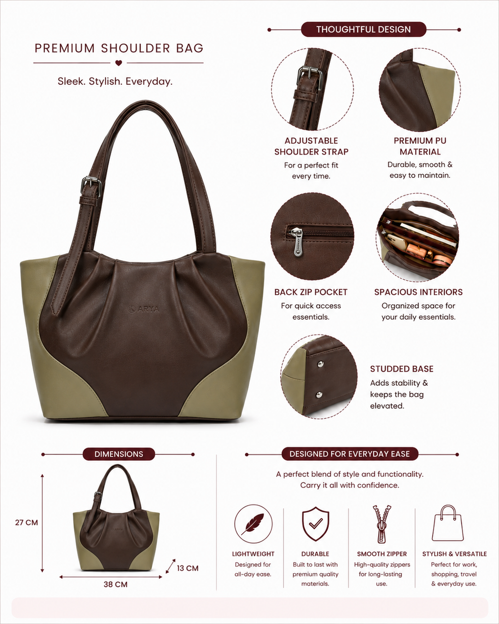 Juhi Dark Brown/Green ladies handbag - features