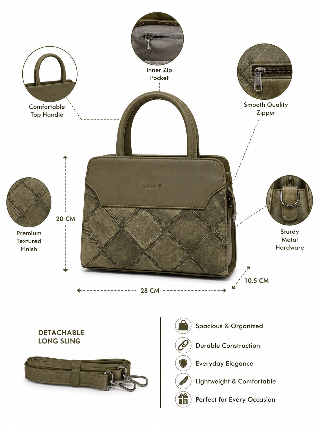 FLBM 181 Olive Green ladies handbag - features