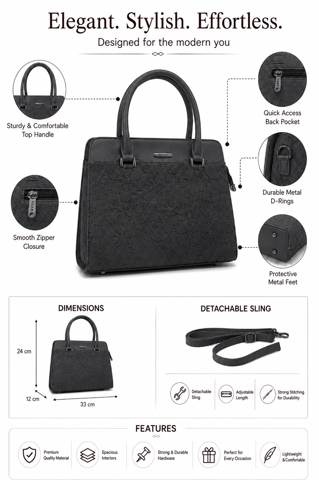 Saanvi Black ladies handbag - features
