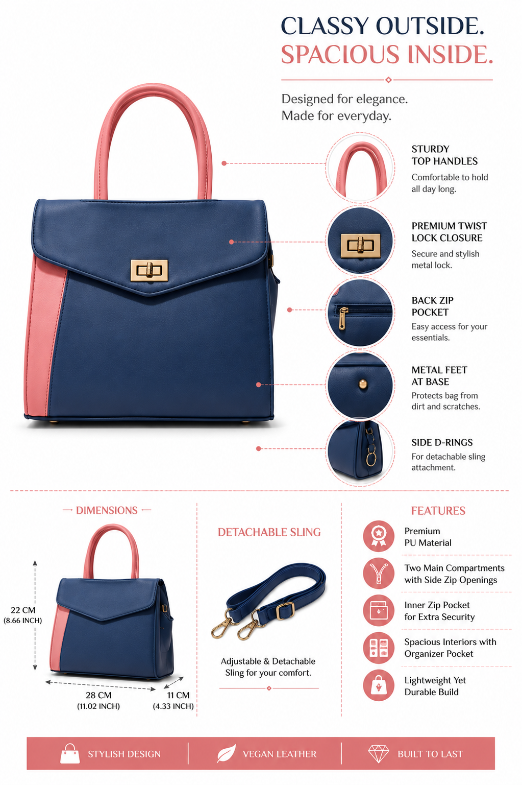 Rashmi Blue/Pink ladies handbag - features