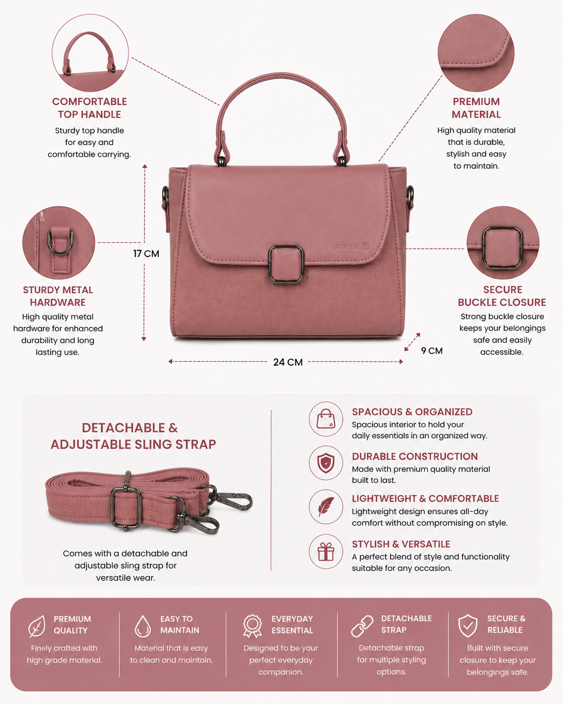 Oishi Dusky Pink ladies handbag - features