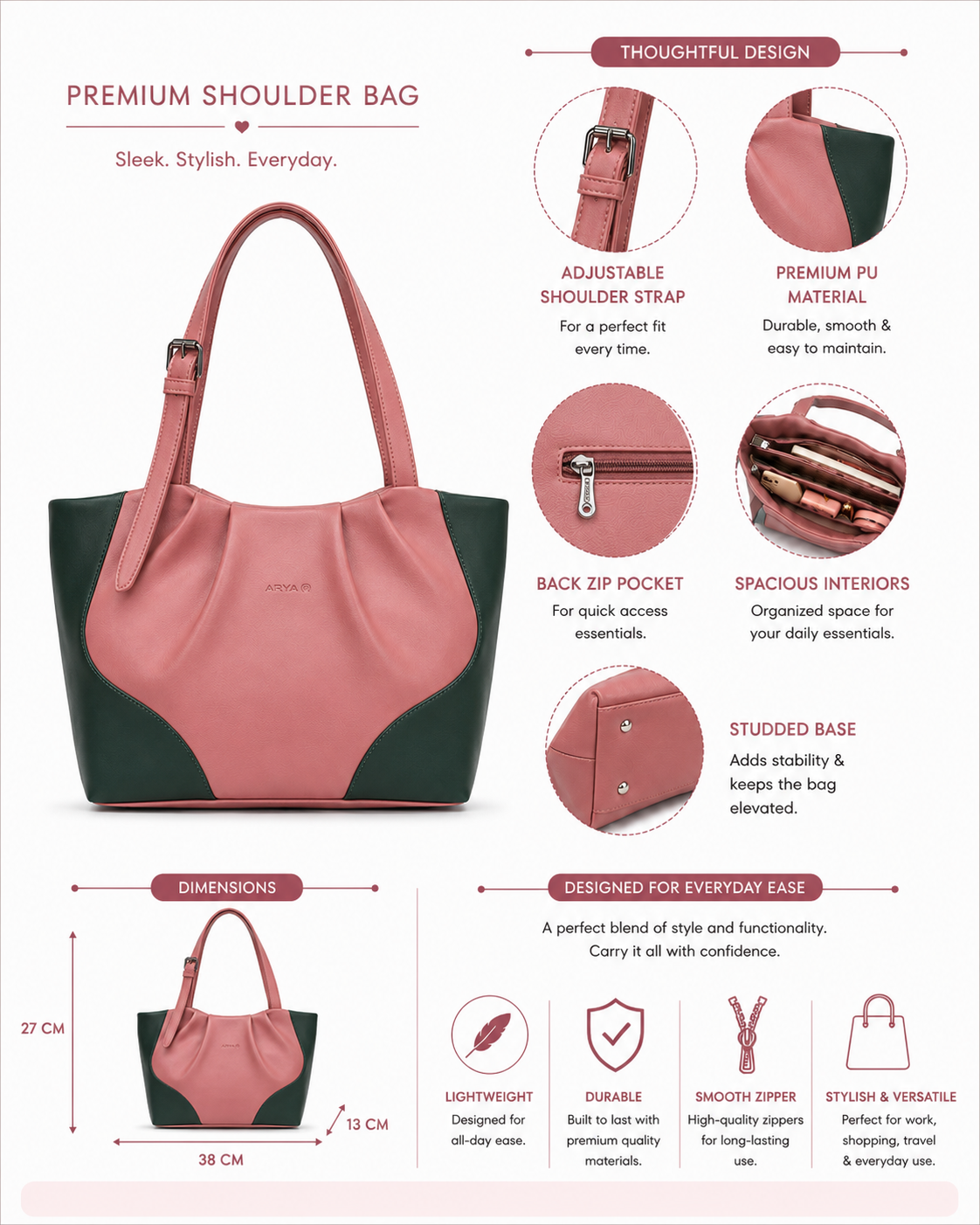 Juhi Pink/Green ladies handbag - features