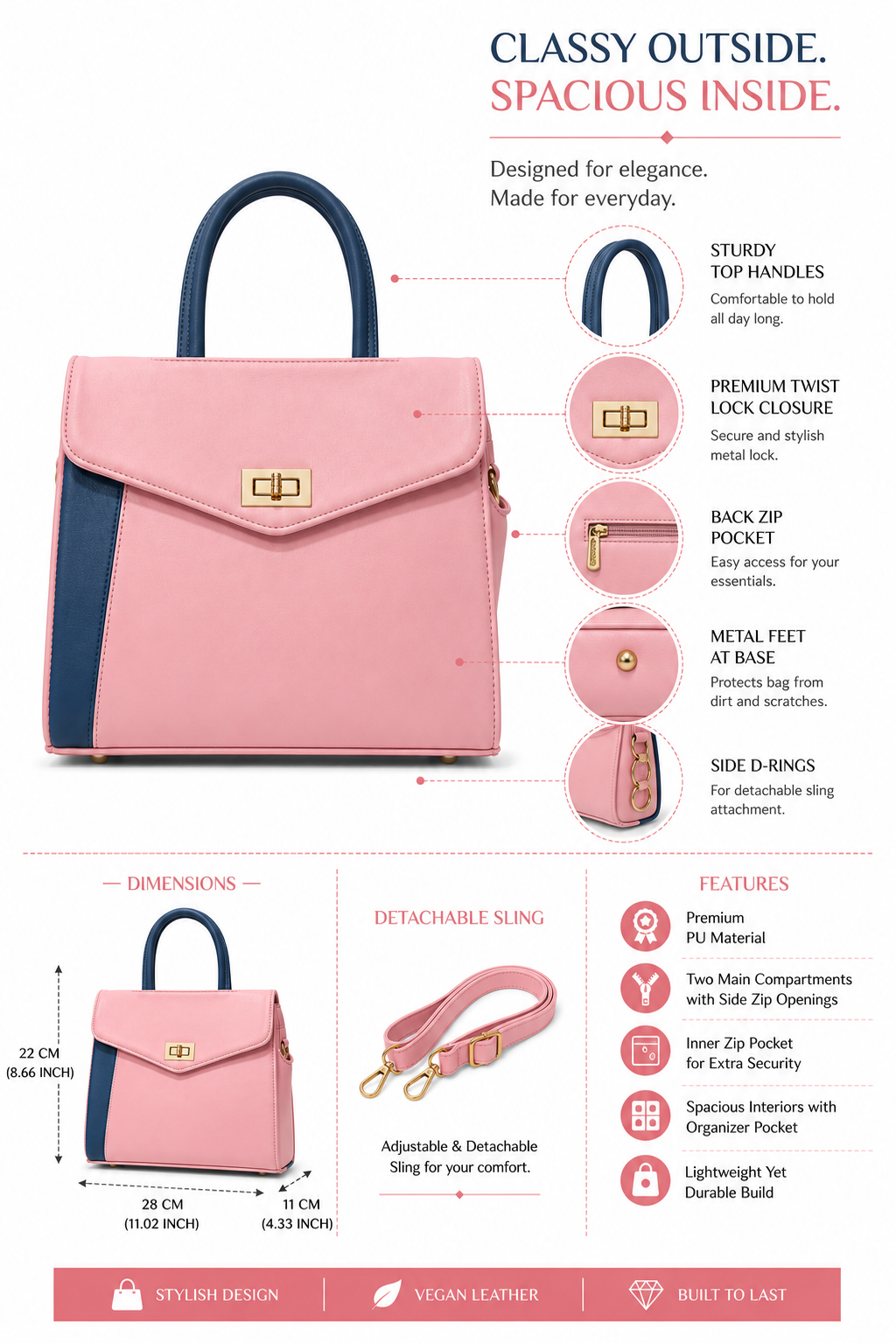 Rashmi Pink/Blue ladies handbag - features