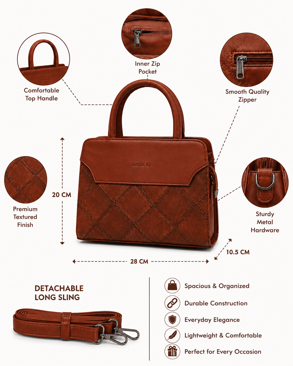 FLBM 181 Brown ladies handbag - features