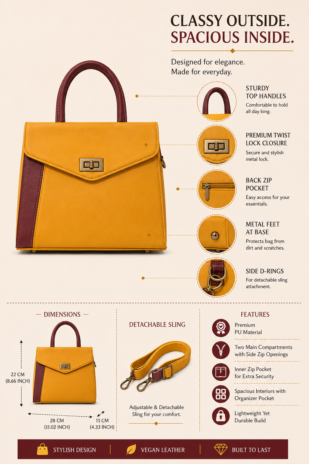 Rashmi Yellow/Maroon ladies handbag - features