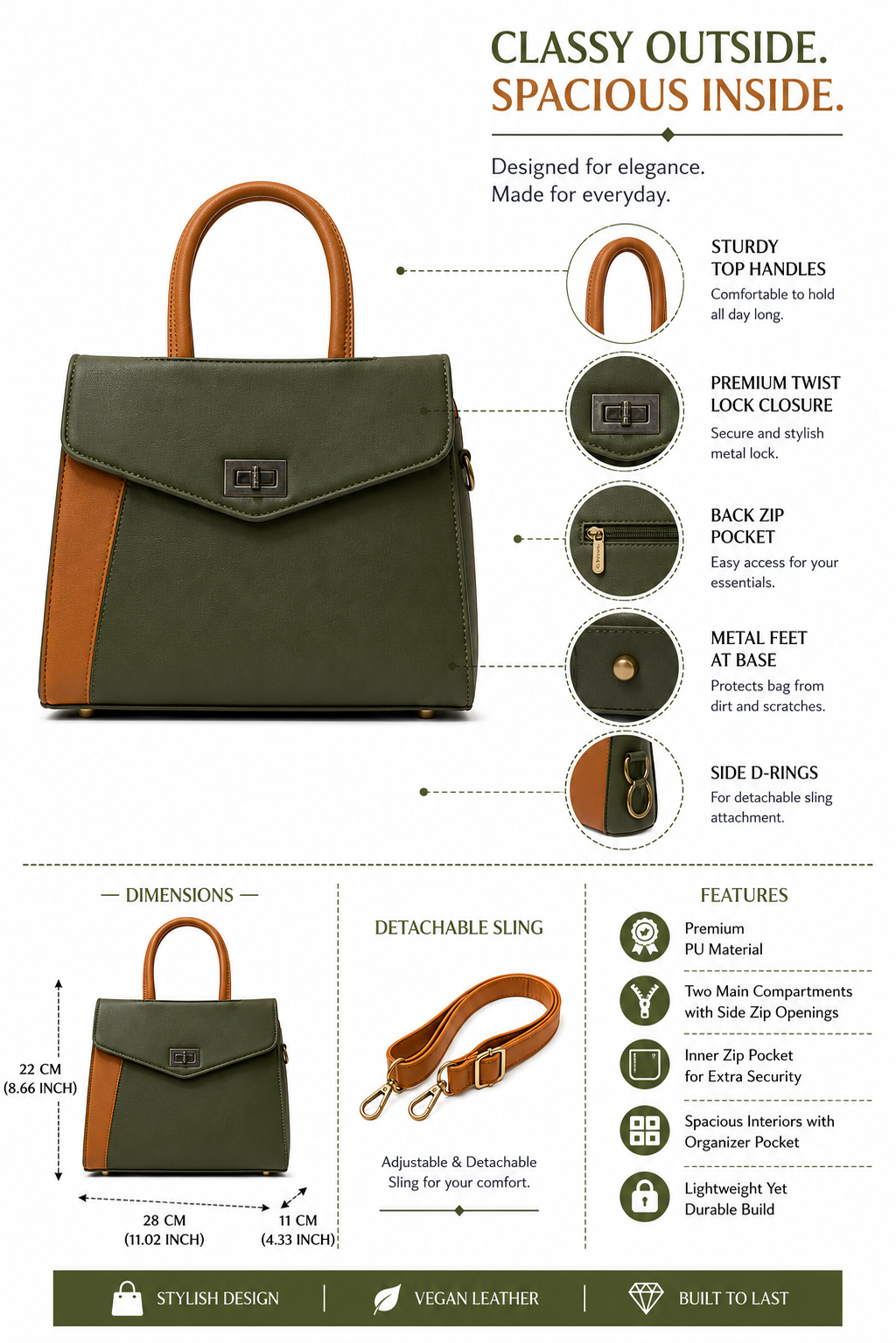 Rashmi Green/Brown ladies handbag - features