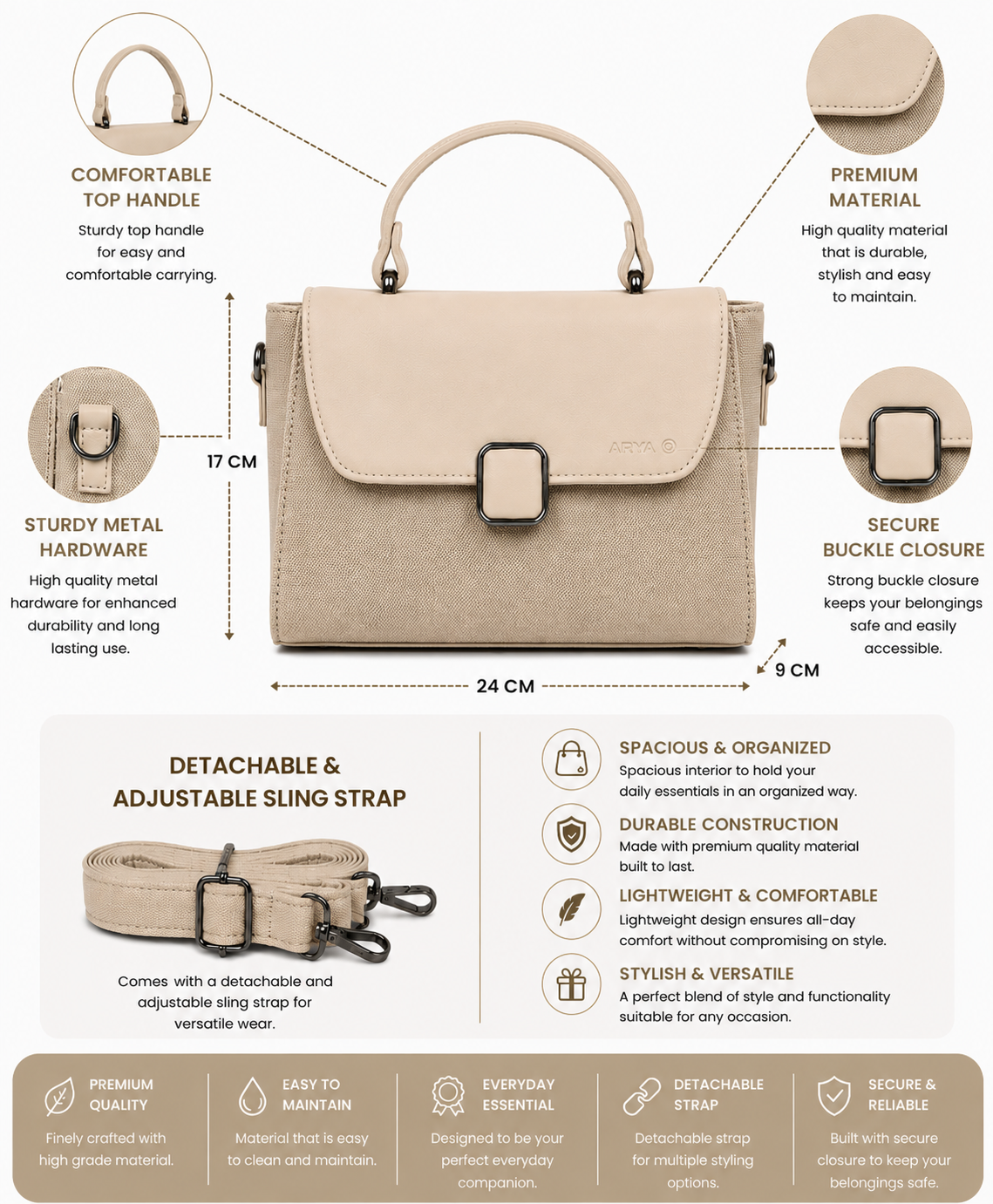 Oishi Cream ladies handbag - features