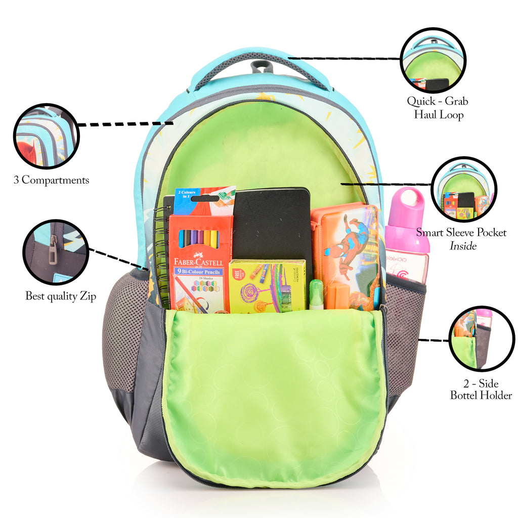SCHOOL BAG IRON MAN-17"(22 LTR) GREY & SKY BLUE