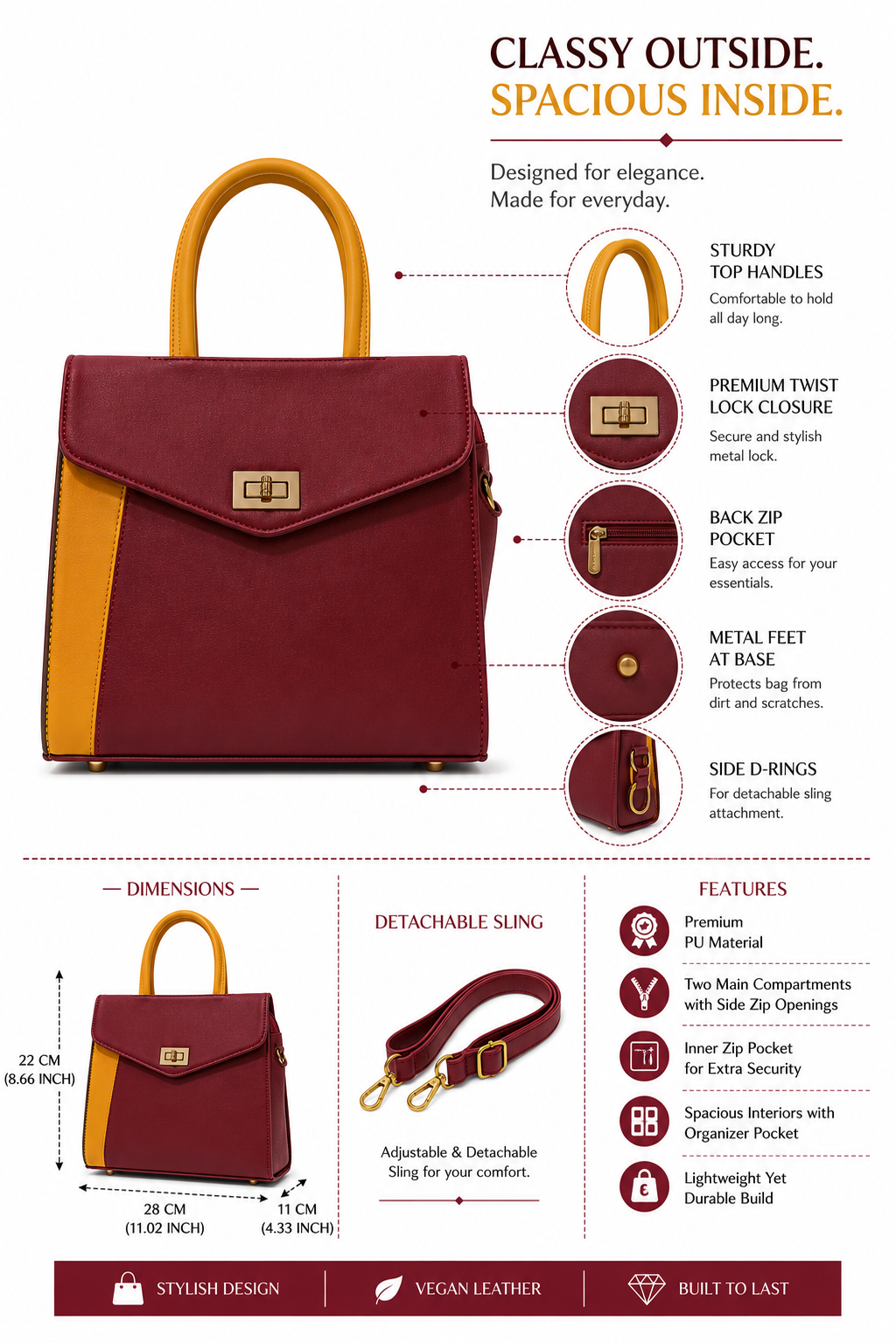 Rashmi Burgundy/Yellow ladies handbag - features