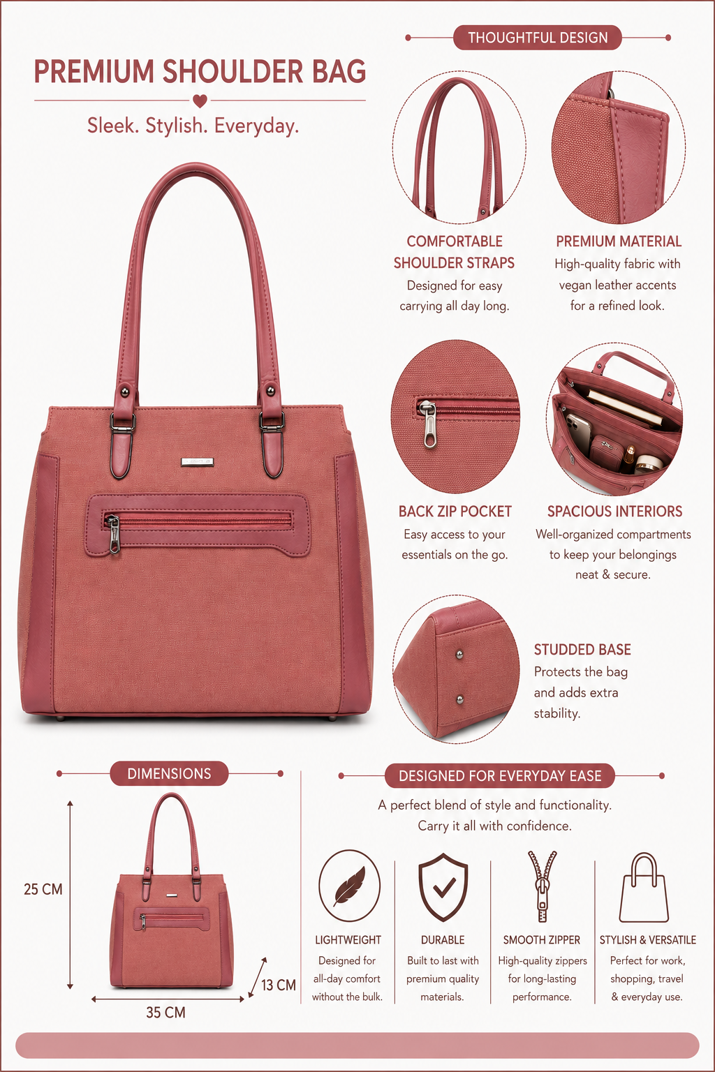 Mahira Pink ladies handbag - features