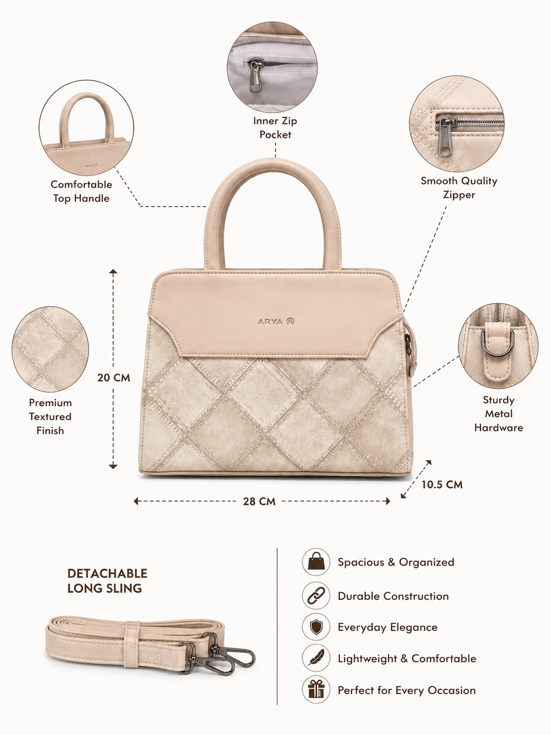 FLBM 181 Cream ladies handbag - features