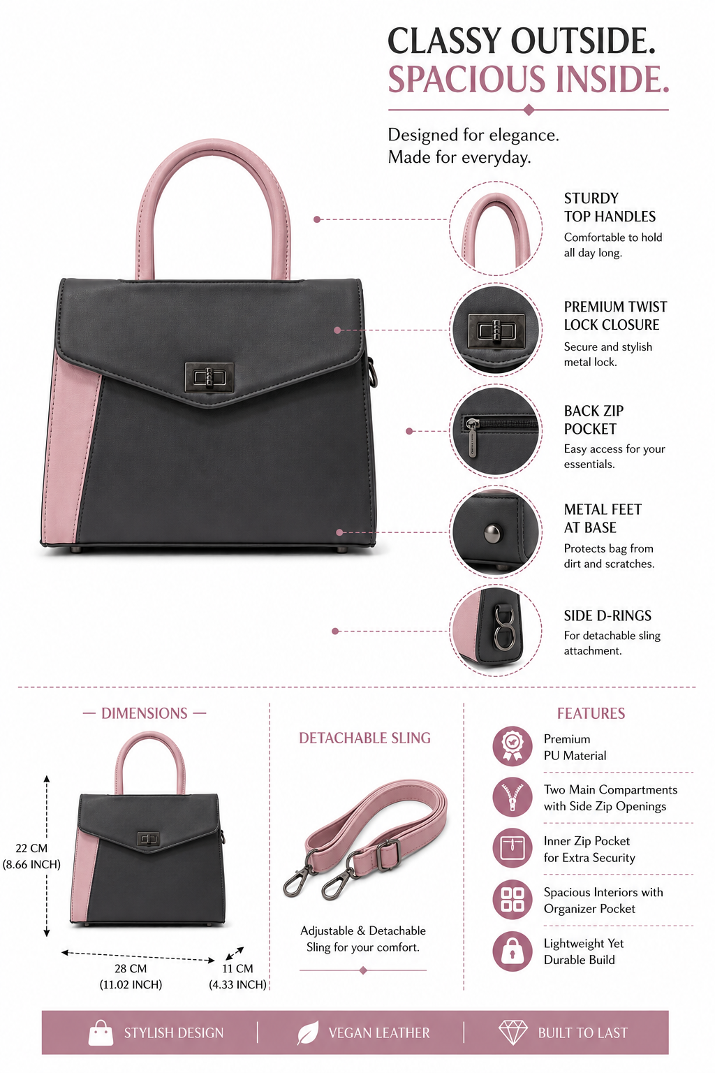 Rashmi Black/Lavender ladies handbag - features
