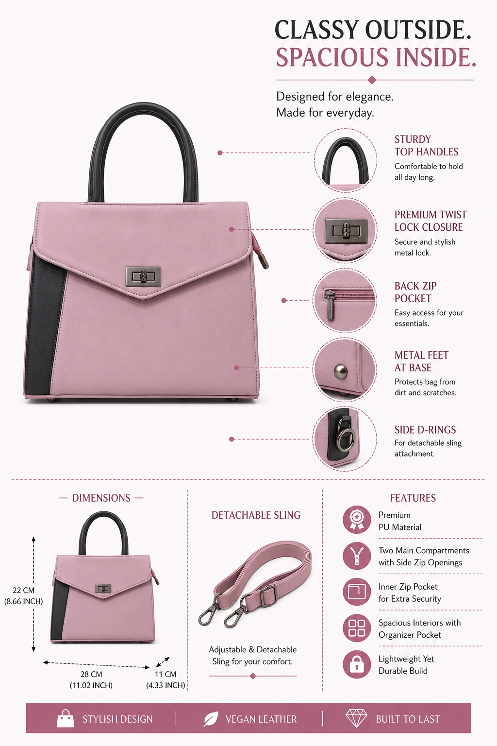 Rashmi Lavender/Black ladies handbag - features