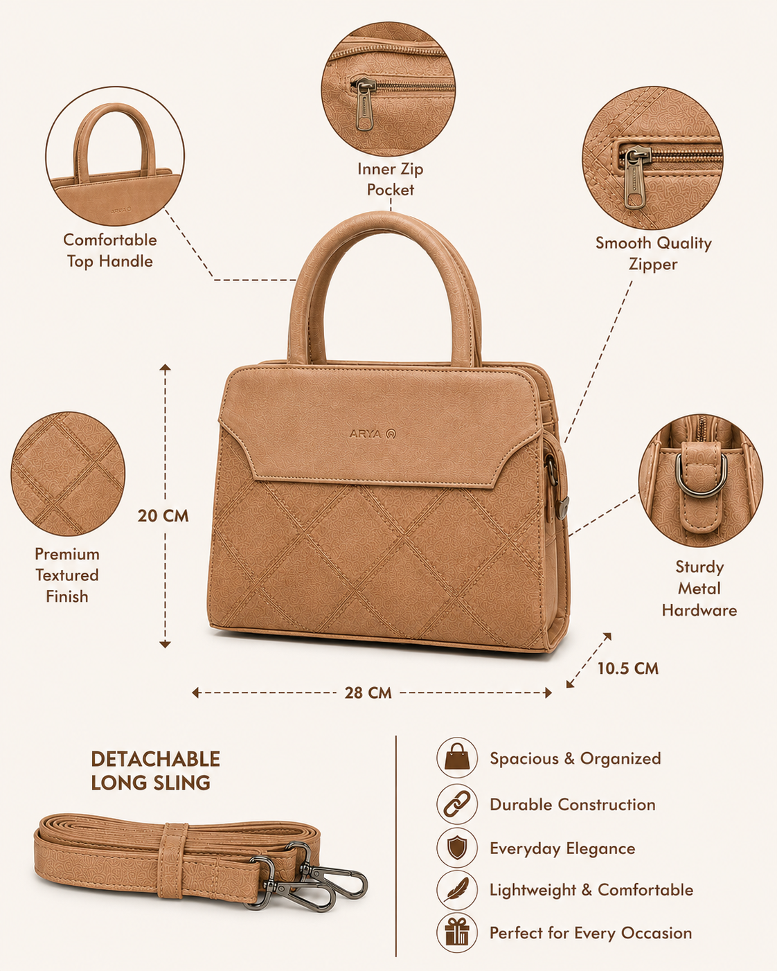 FLBM 181 Beige ladies handbag - features