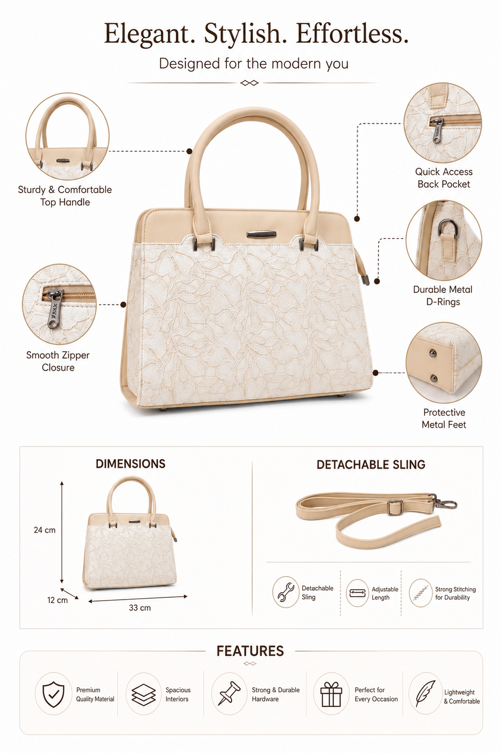 Saanvi Cream ladies handbag - features