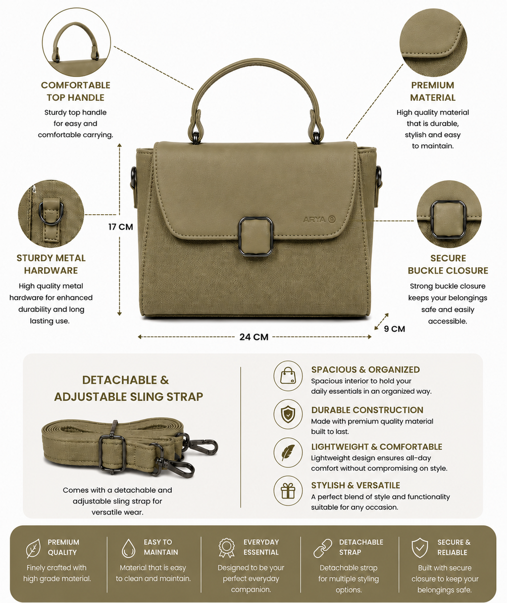 Oishi Olive Green ladies handbag - features