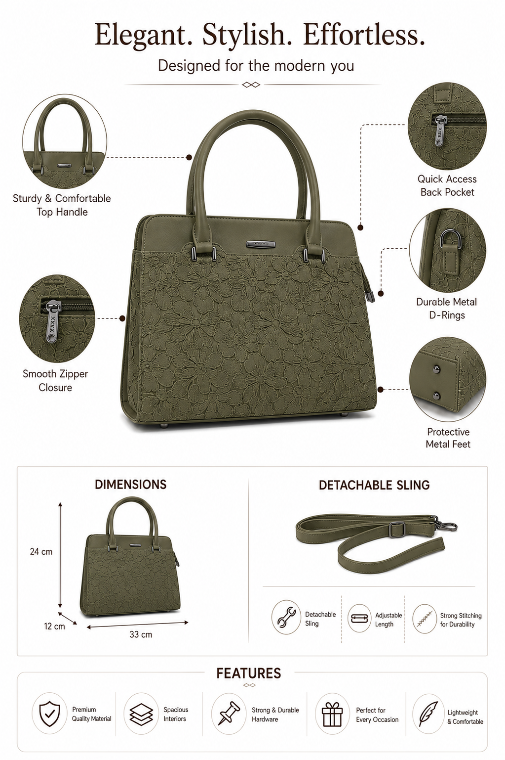 Saanvi Olive Green ladies handbag - features