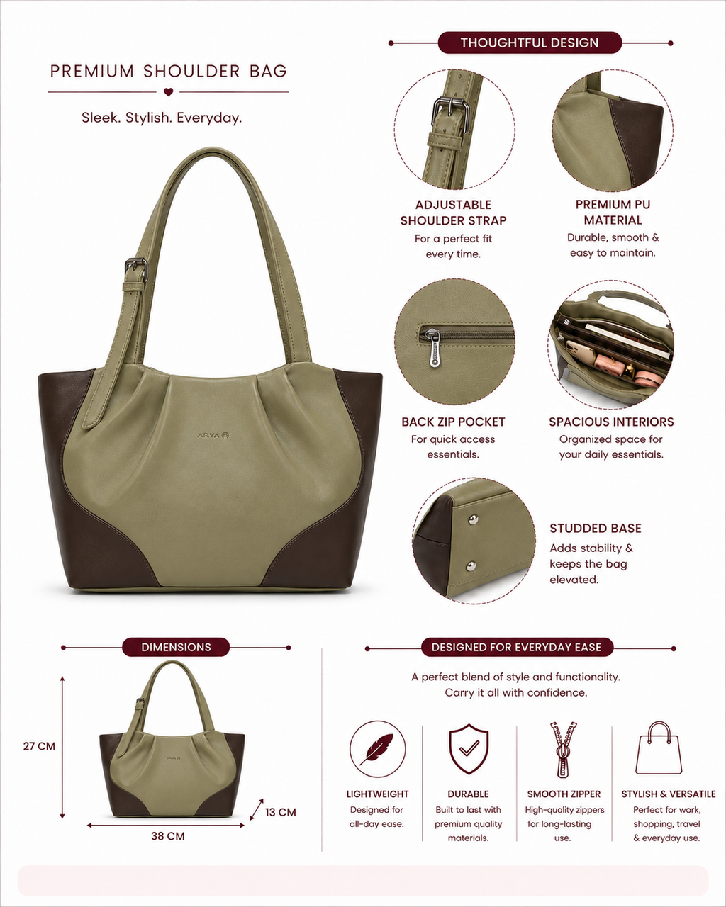 Juhi Olive Green/Dark Brown ladies handbag - features