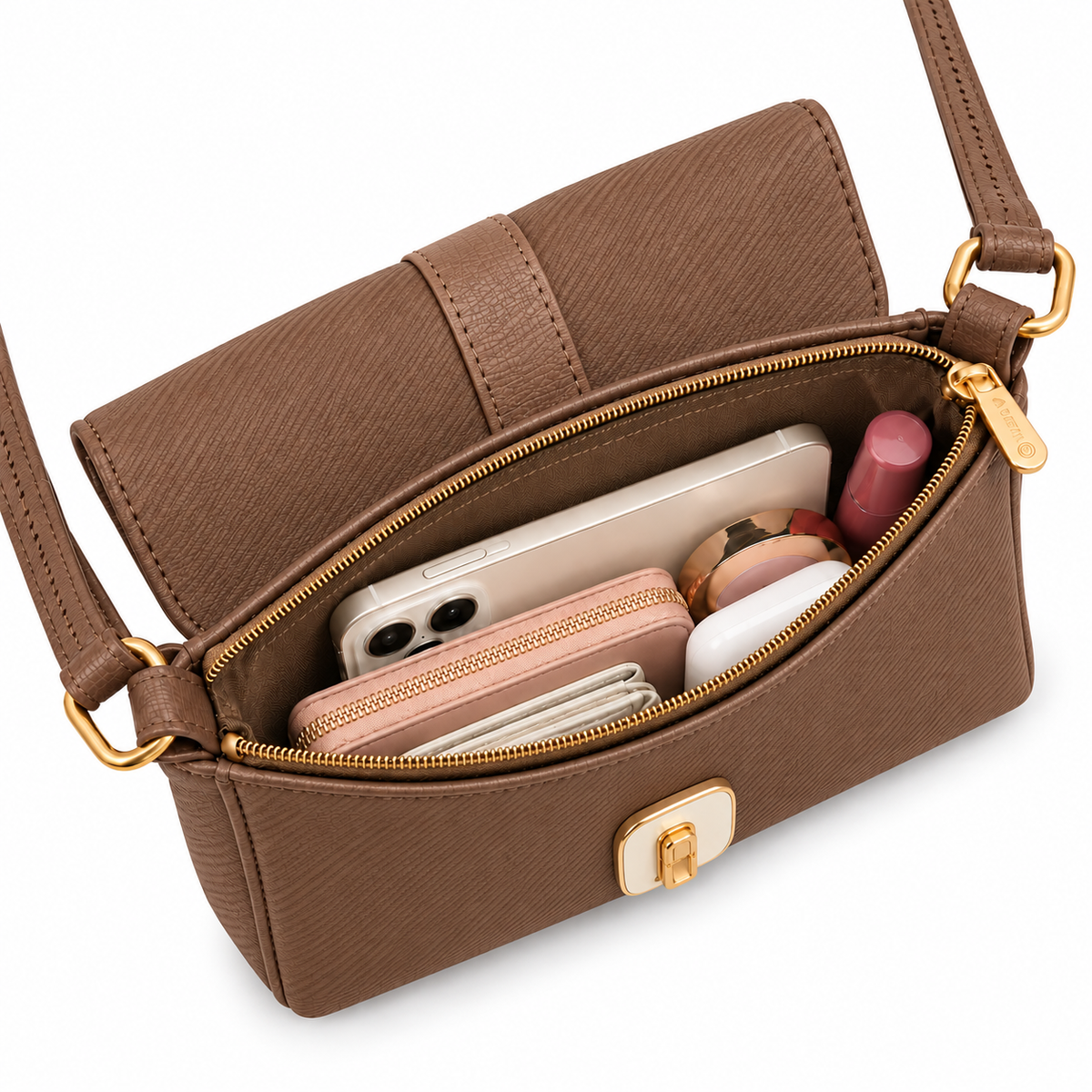 Soumya Sling Handbag in beige, open with interior compartments