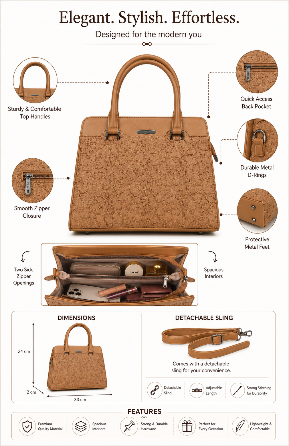 Saanvi Tan ladies handbag - features