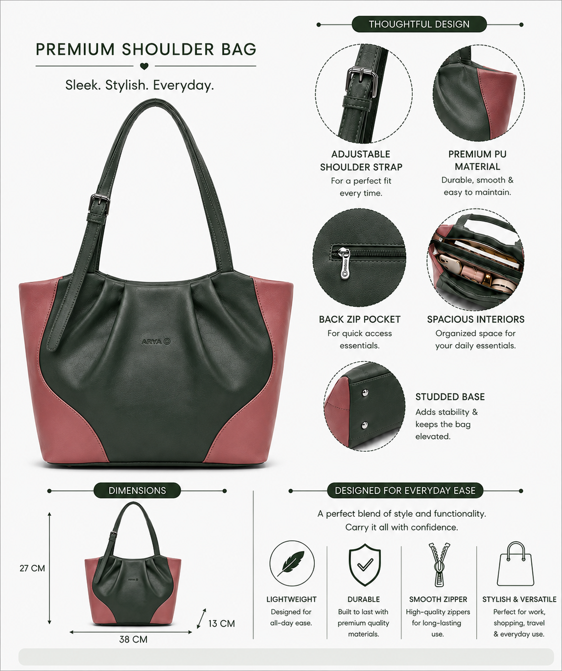 Juhi Dark Green/Pink ladies handbag - features