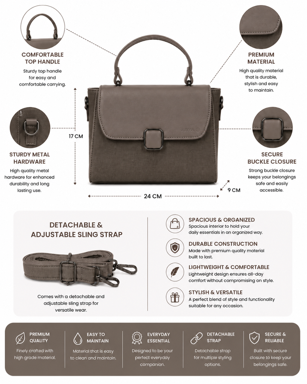 Oishi Grey ladies handbag - features