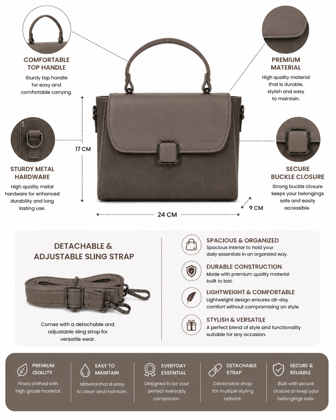 Oishi Grey ladies handbag - features