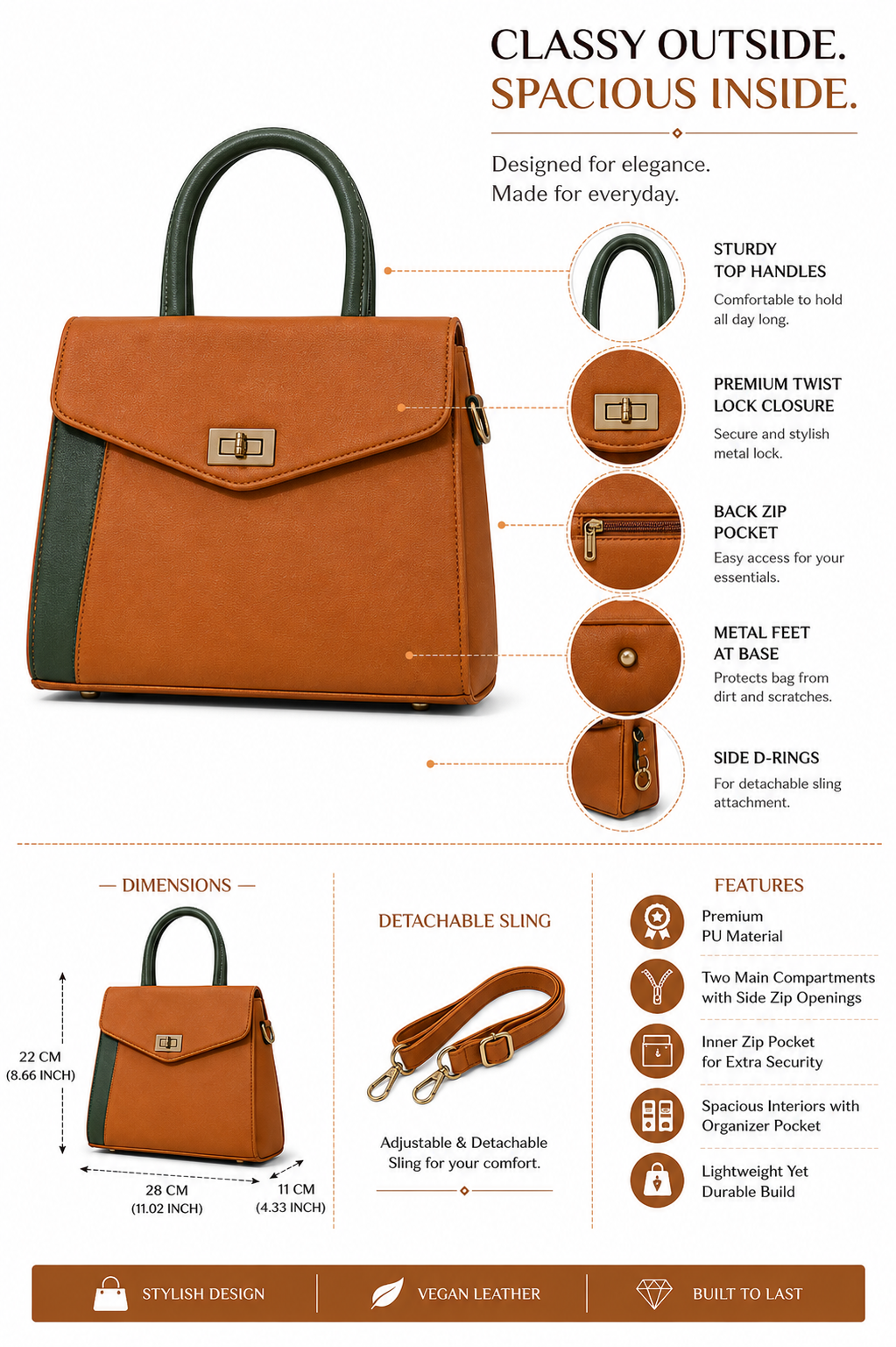 Rashmi Brown/Green ladies handbag - features
