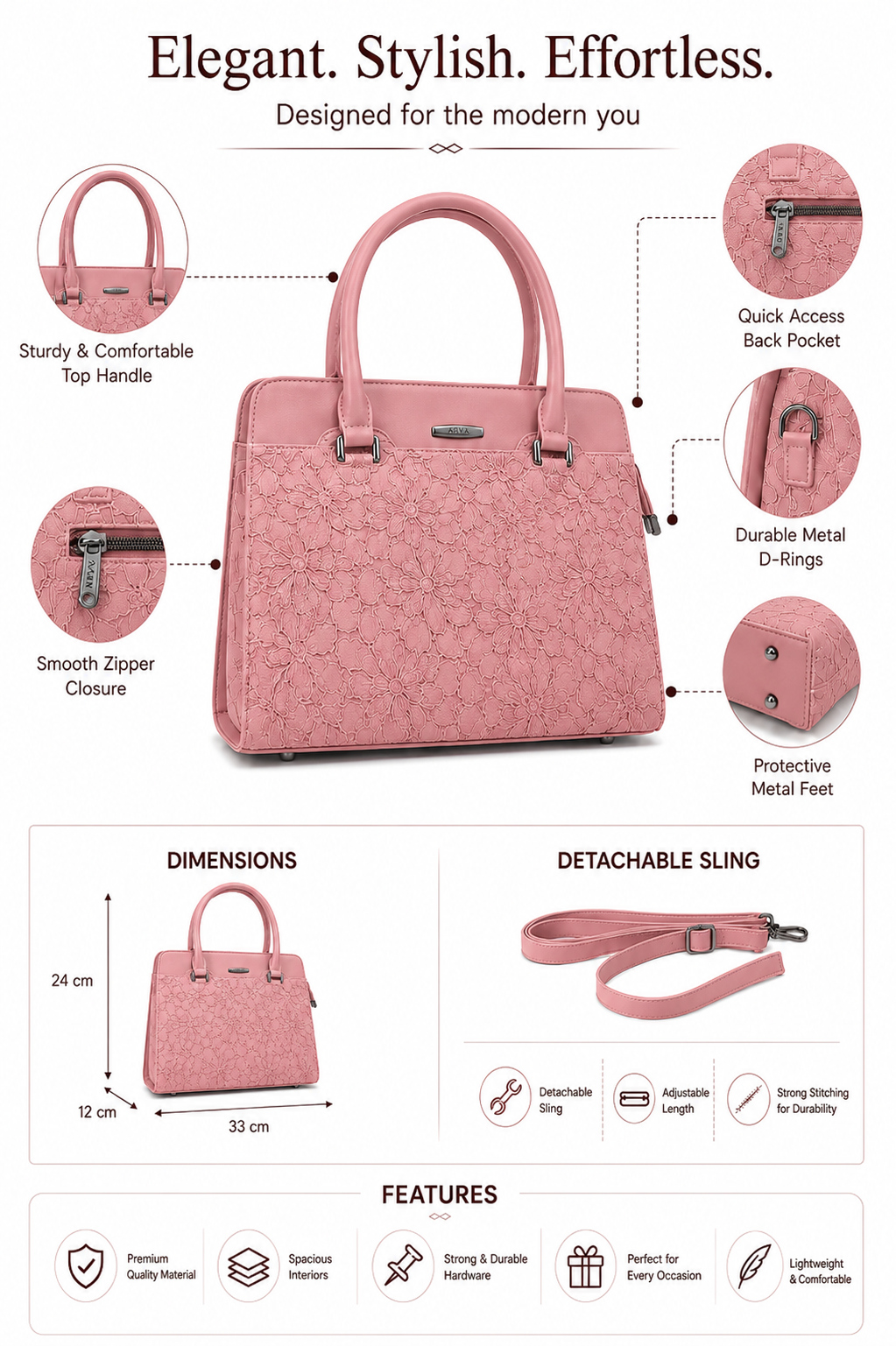 Saanvi Pink ladies handbag - features