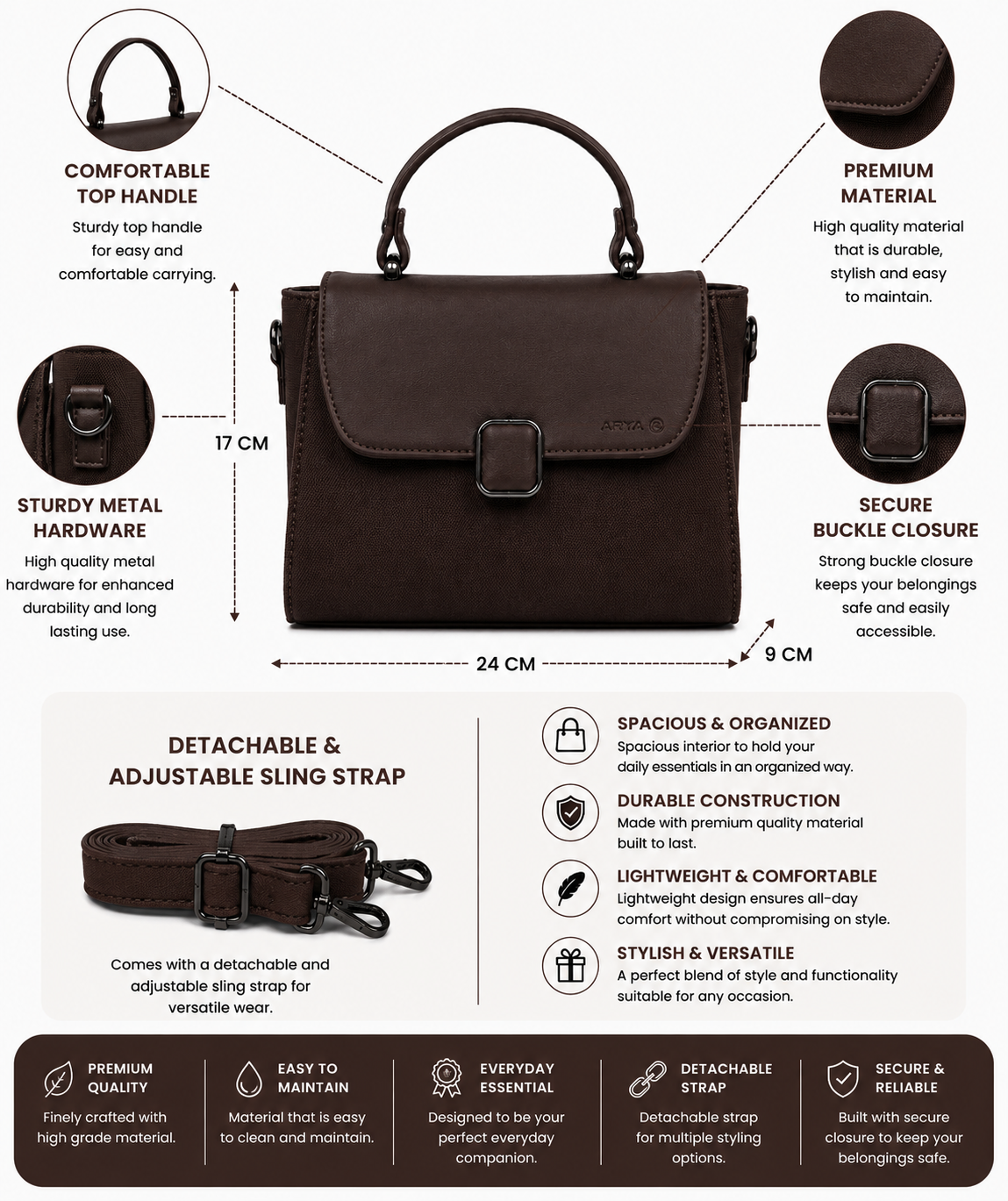 Oishi Dark Brown ladies handbag - features