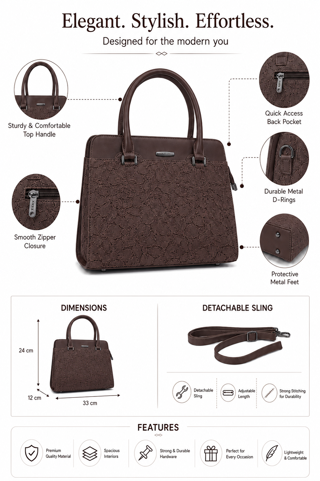 Saanvi Dark Brown ladies handbag - features