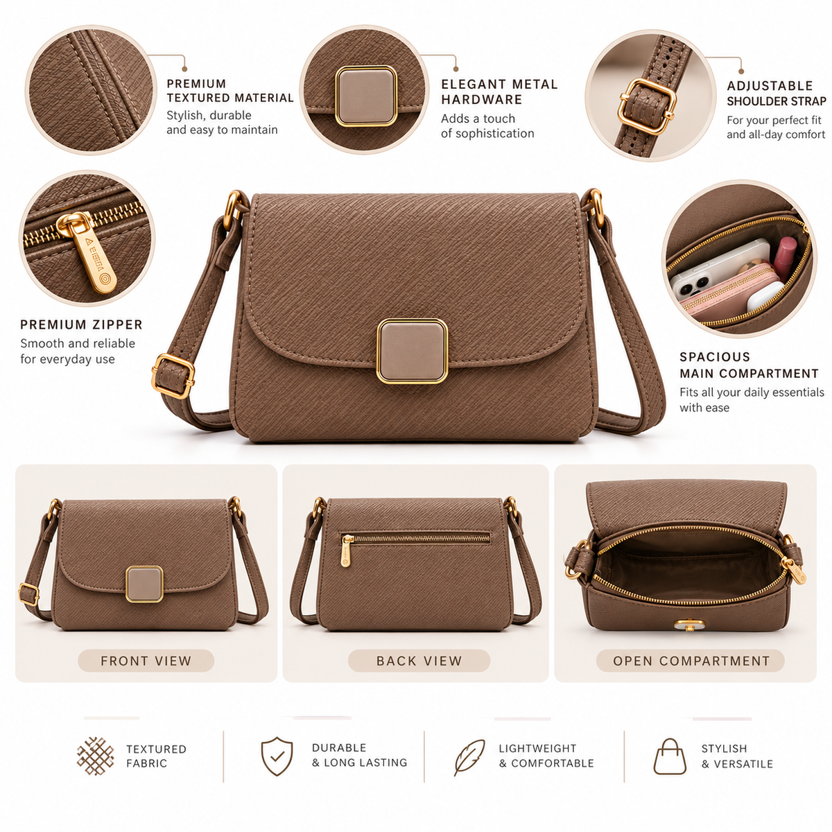 Soumya Sling Handbag in beige, feature guide