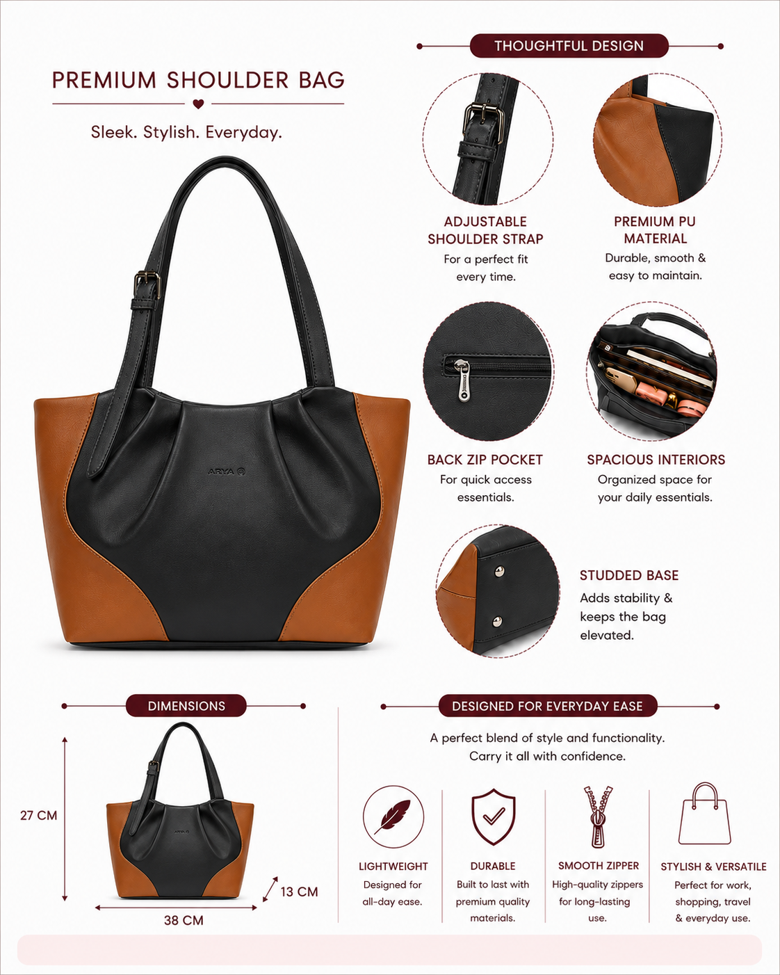 Juhi Black/Brown ladies handbag - features