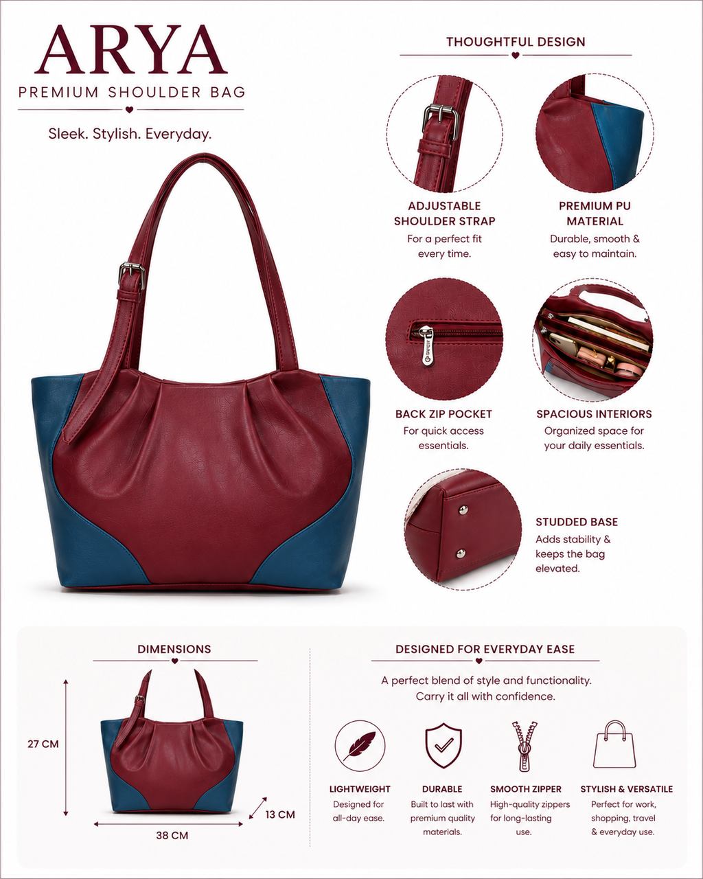 Juhi Magenta/Blue ladies handbag - features