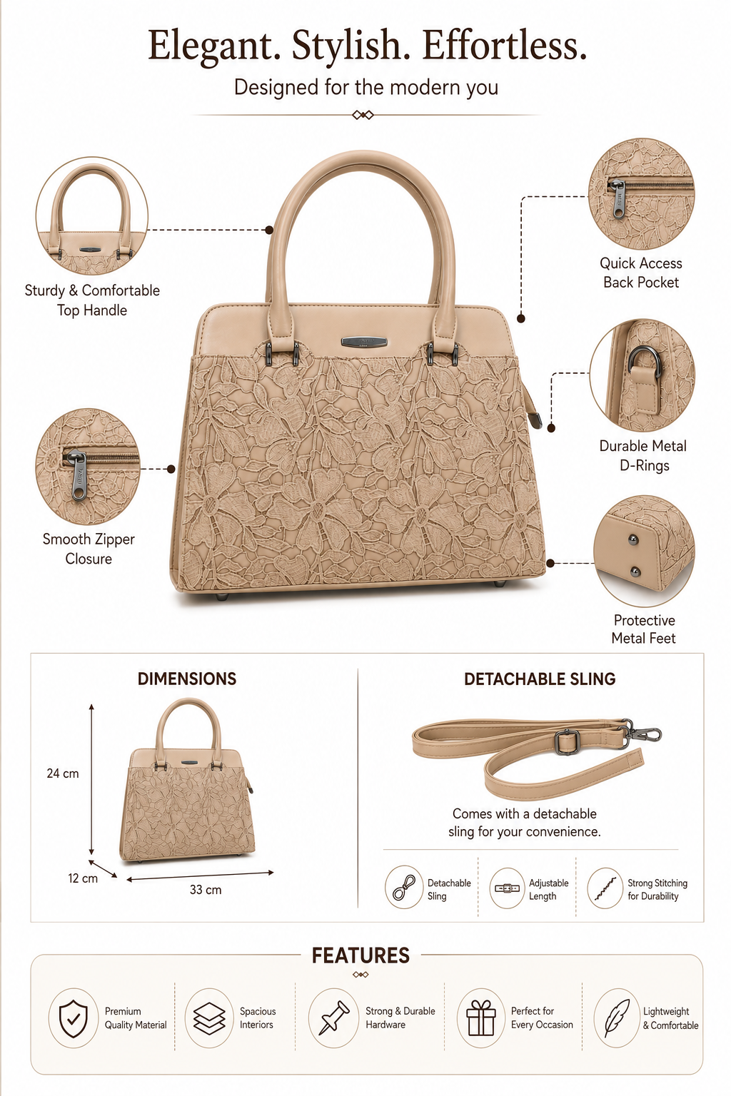Saanvi Beige ladies handbag - features