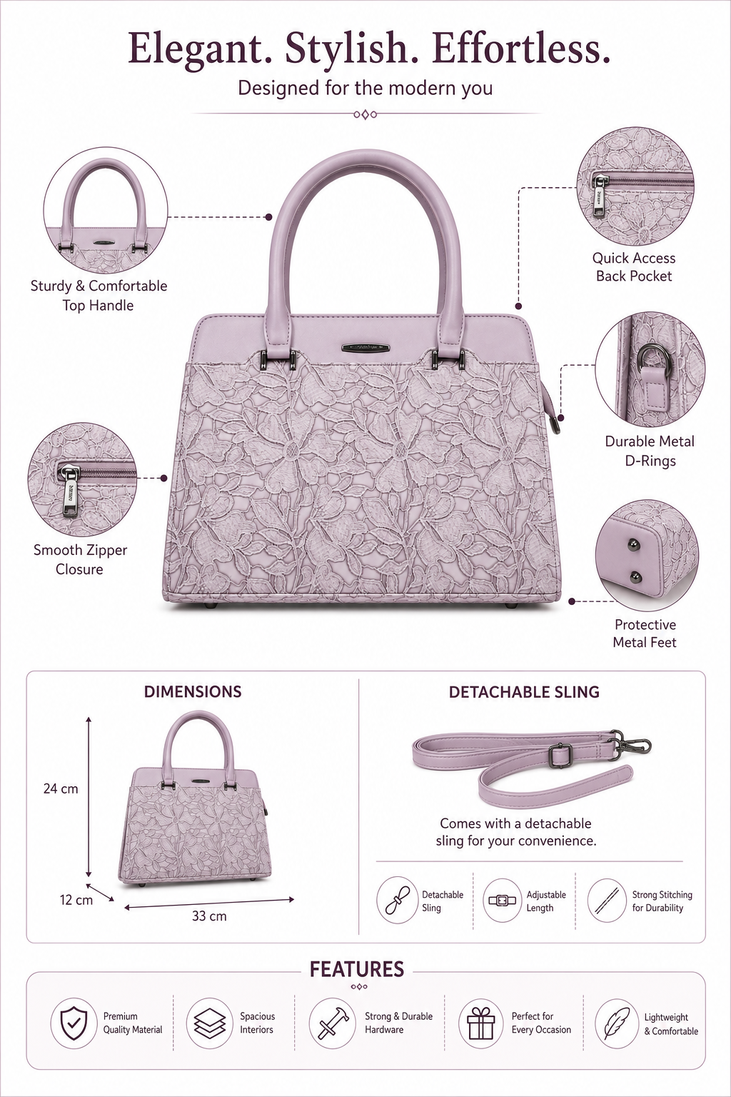 Saanvi Lavender ladies handbag - features