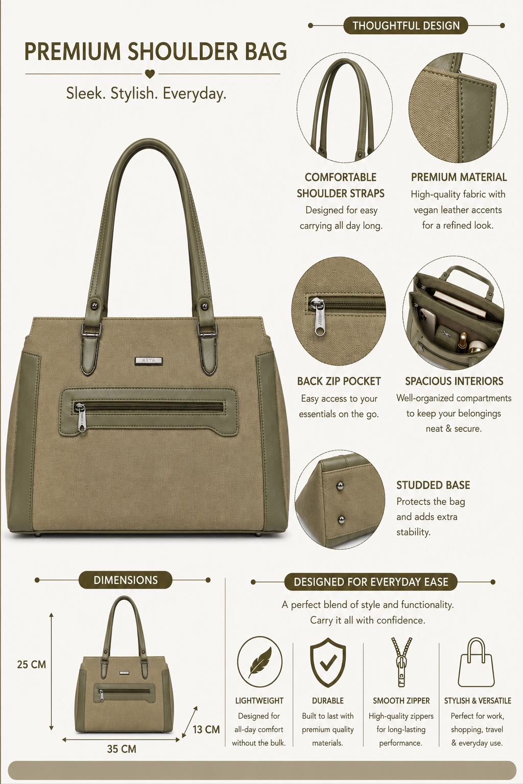 Mahira Olive Green ladies handbag - features