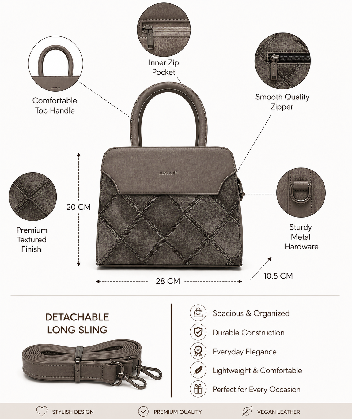 FLBM 181 Grey ladies handbag - features