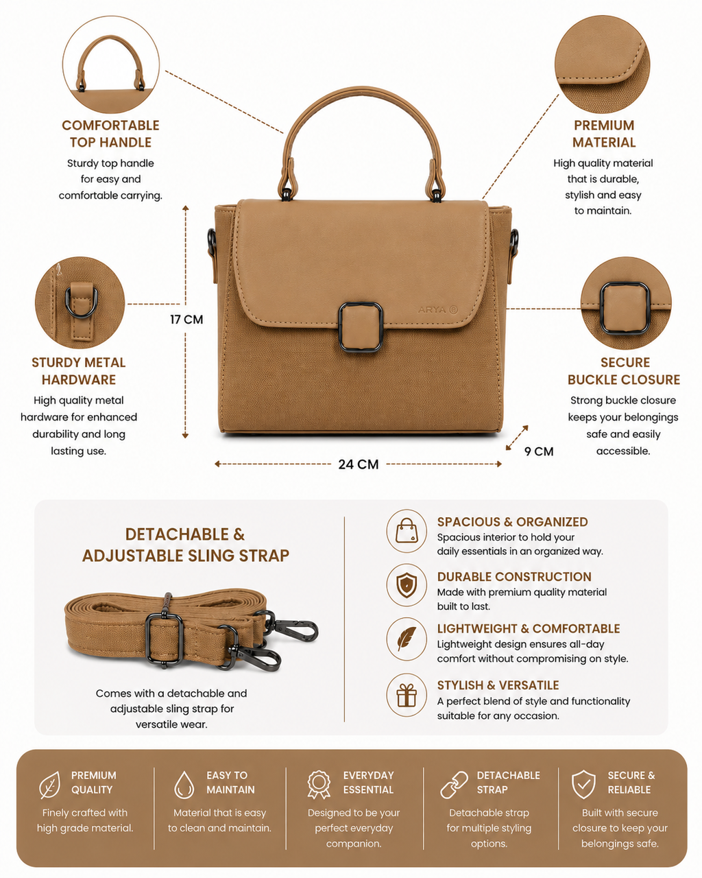 Oishi Khaki ladies handbag - features