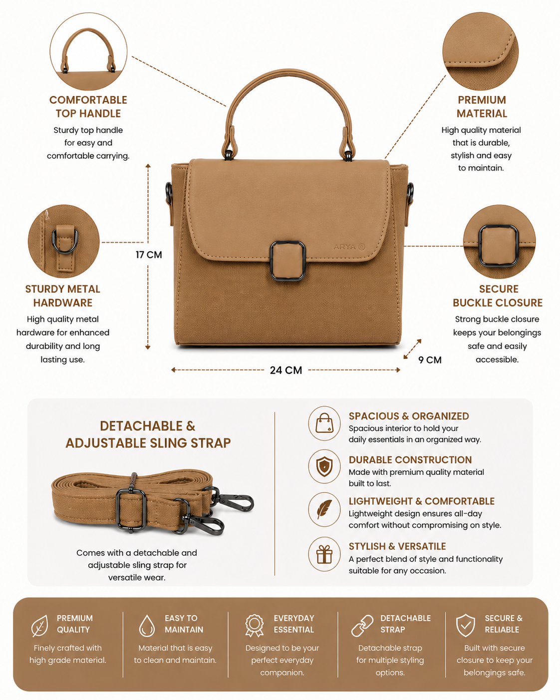 Oishi Khaki ladies handbag - features