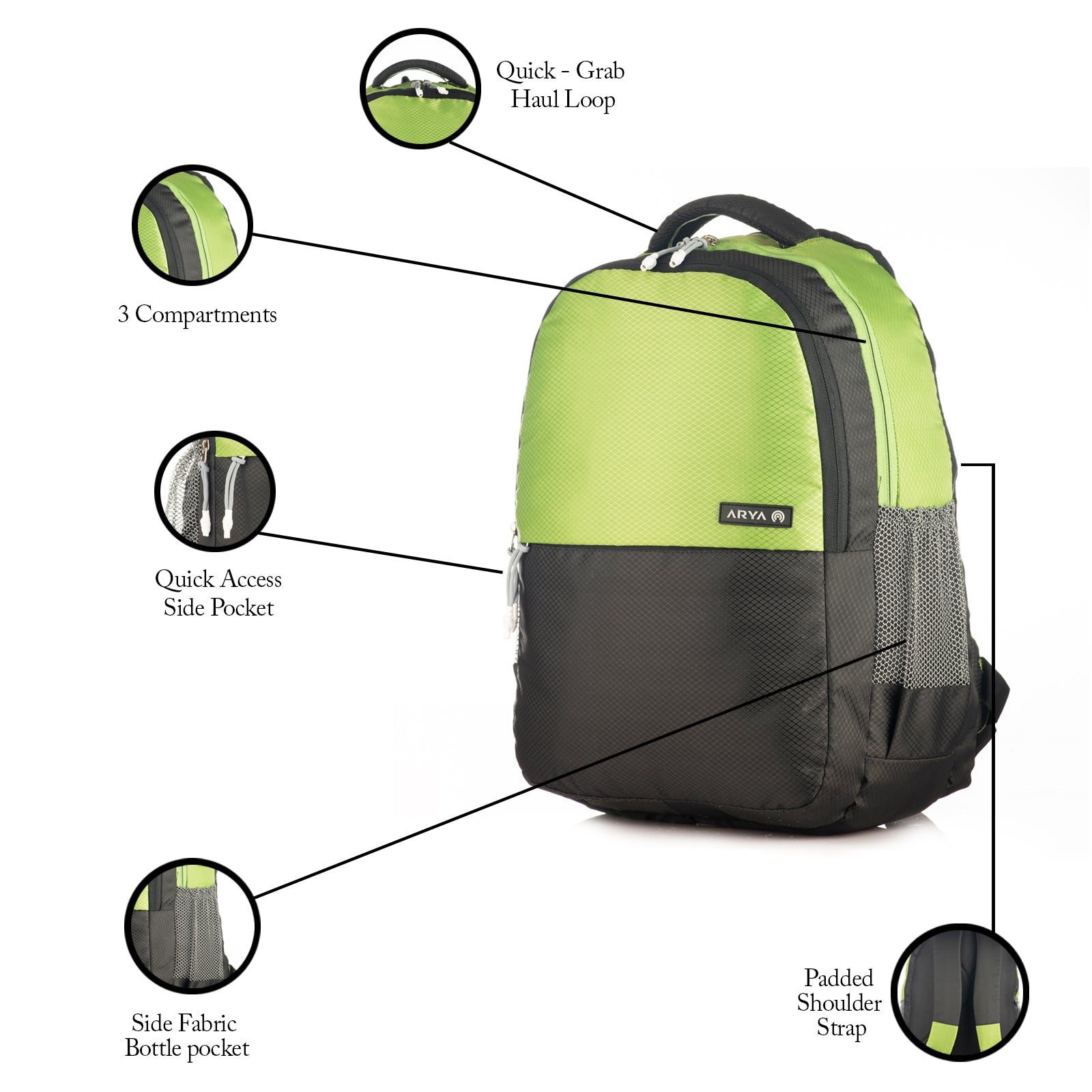 REGULAR BACK PACK DUO-19"(32 LTR) BLACK & PARROT GREEN