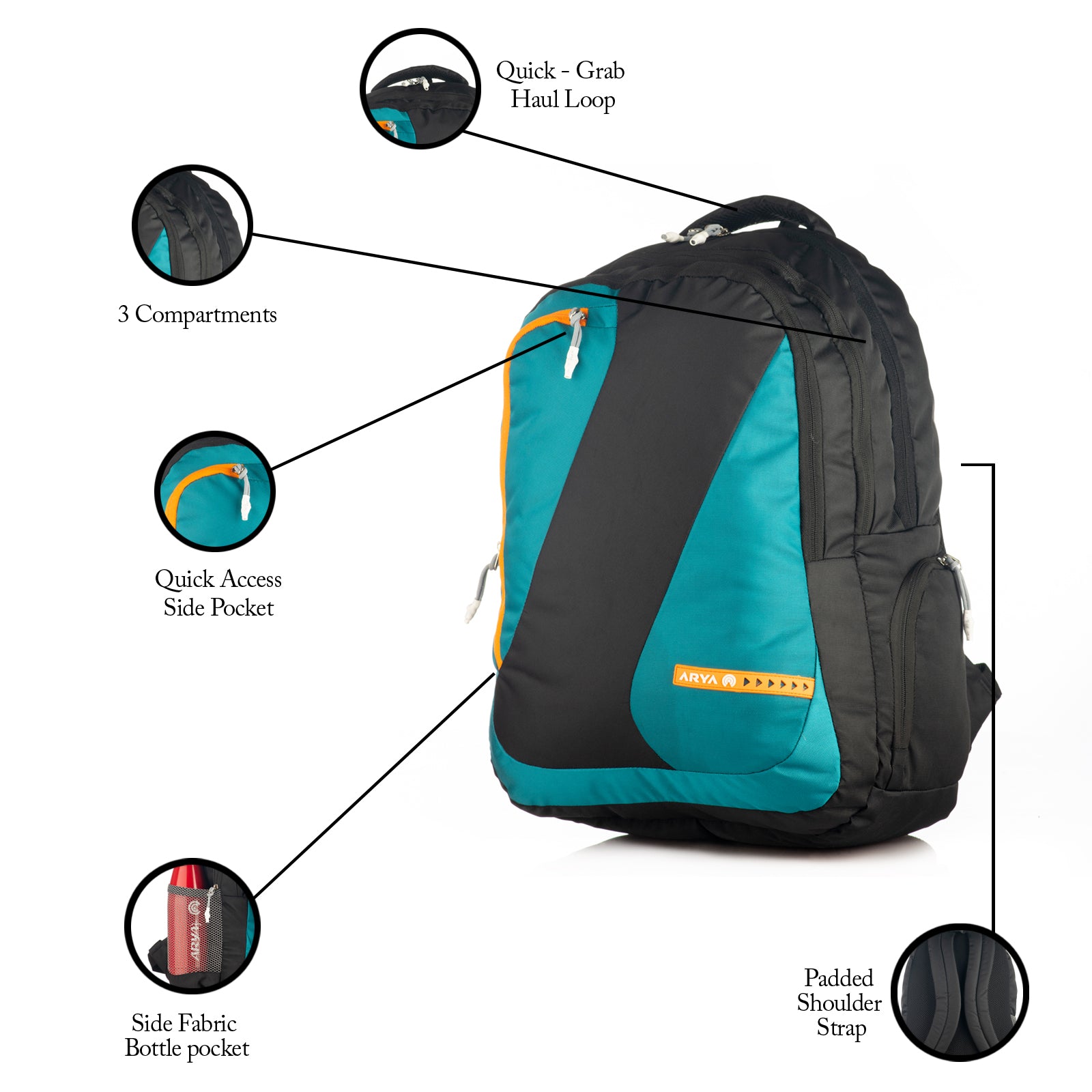 REGULAR BACK PACK COLOMBUS-19"(32 LTR) BLACK & AQUA BLUE
