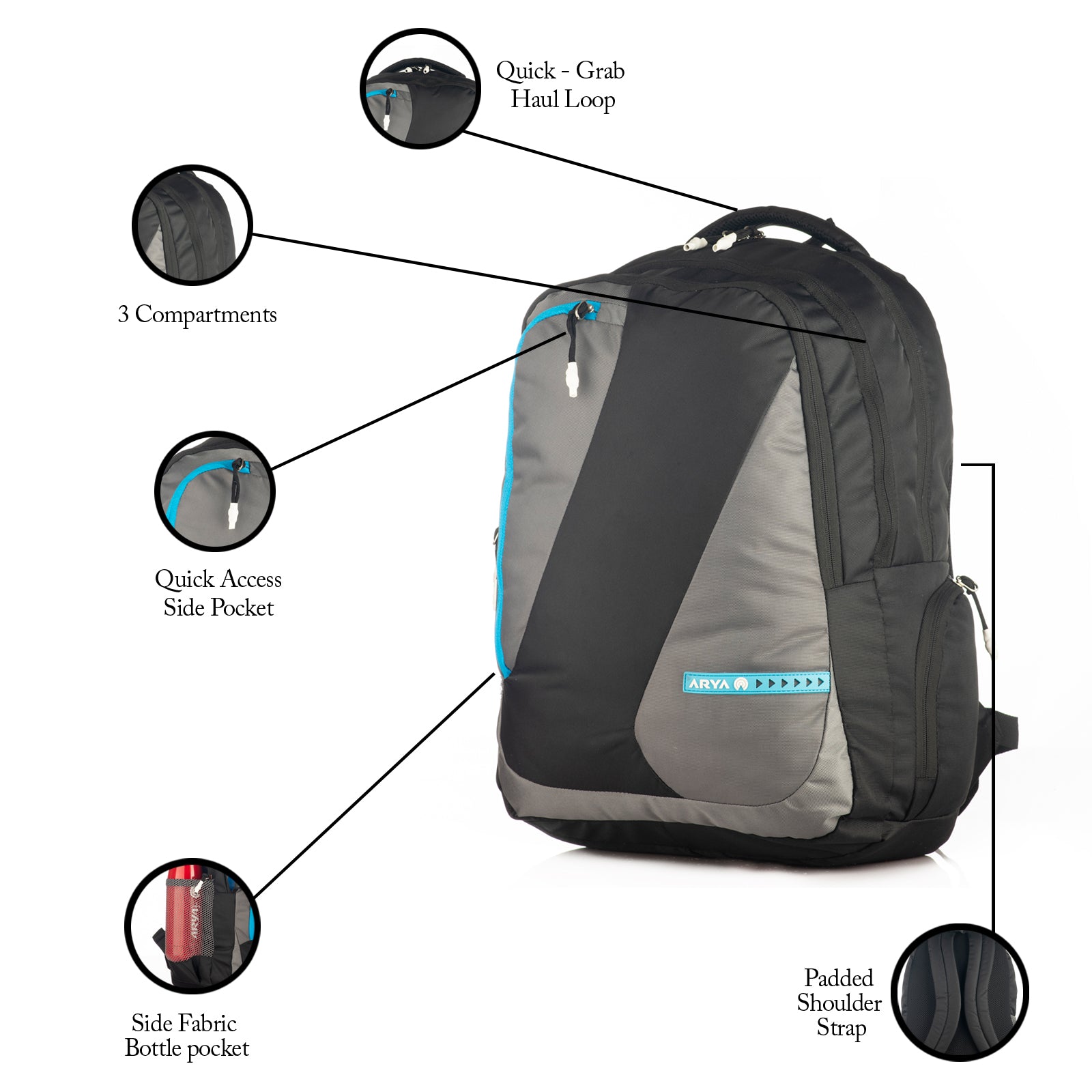 REGULAR BACK PACK COLOMBUS-19"(32 LTR) BLACK & GREY