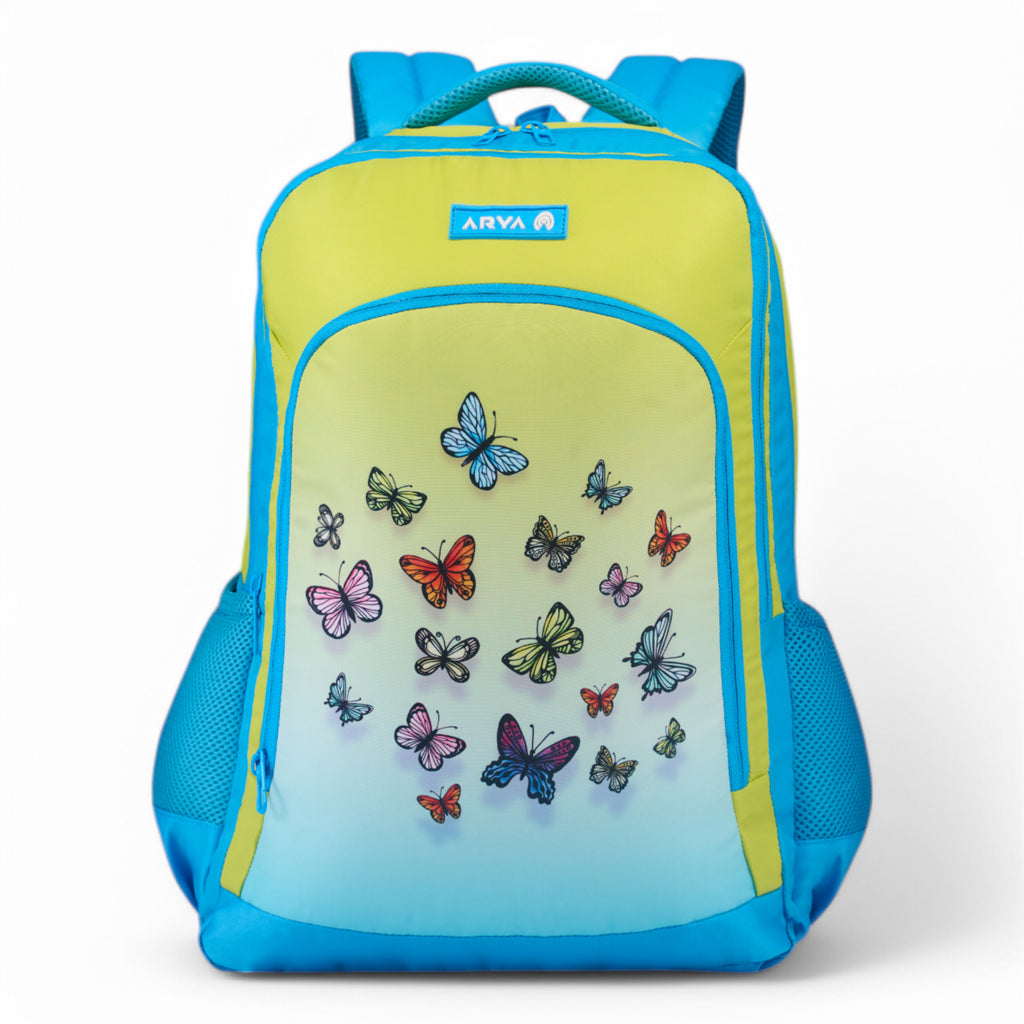 SCHOOL BAG BUTTER FLY 16" (21 LTR) TURQUOISE BLUE & PARROT GREEN